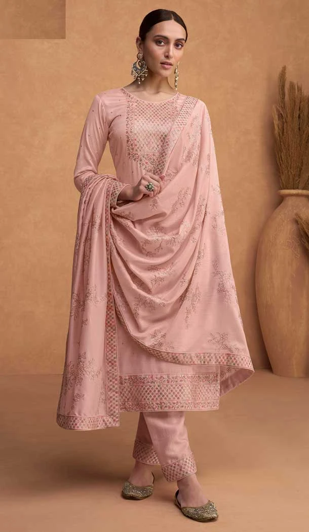 Mesmerizing Peach Color Festival Wear Embroidered Premium Silk Plus Size Salwar Kameez - 7707177787