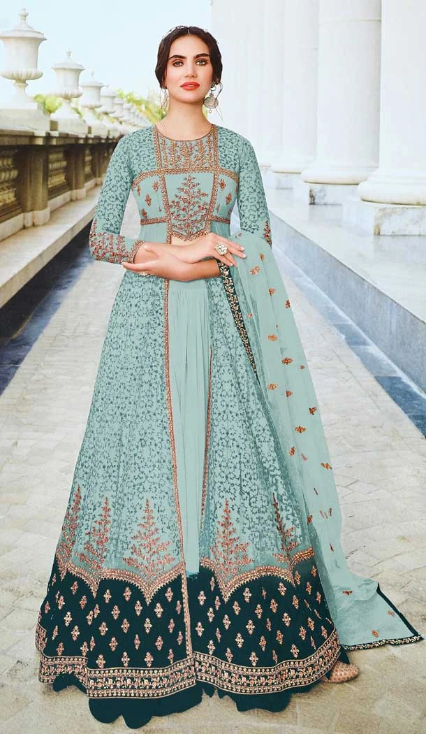 Net Embroidery With Diamond Work Plus Size Anarkali Salwar Suit In Adorable Sky Color - 7708177790
