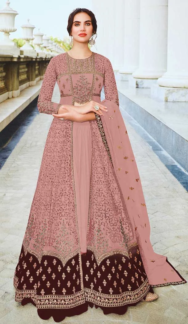 Net Embroidery With Diamond Work Plus Size Anarkali Salwar Suit In Classy Peach - 7708177791