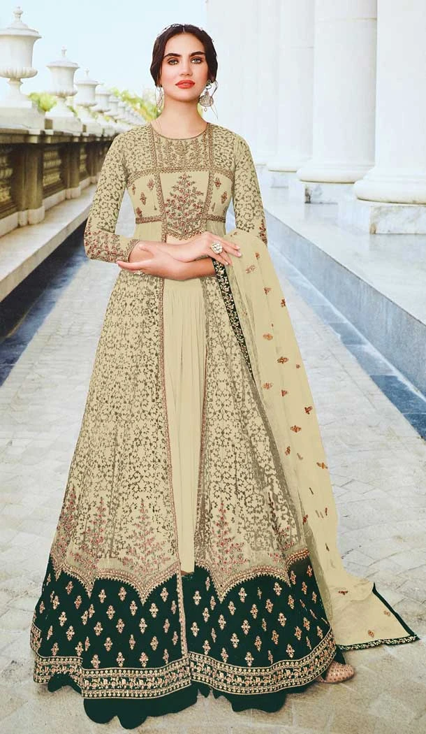 Net Embroidery With Diamond Work Plus Size Anarkali Salwar Suit In Outstanding Cream - 7708177792