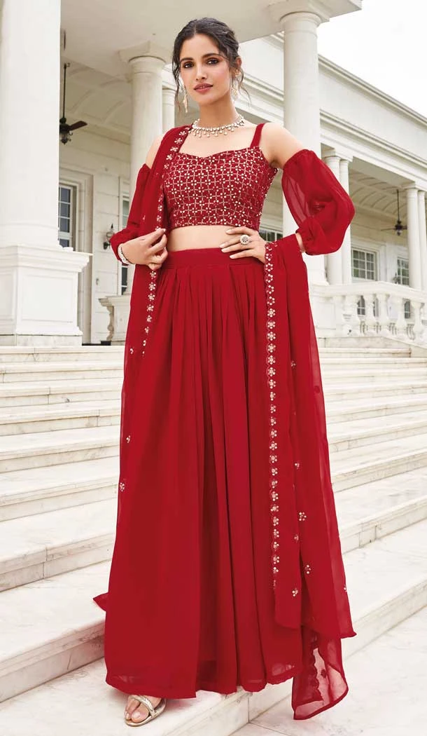 Designer Fox Georgette With Embroidery Work Party Wear Lehenga Choli In Red - 7709177795