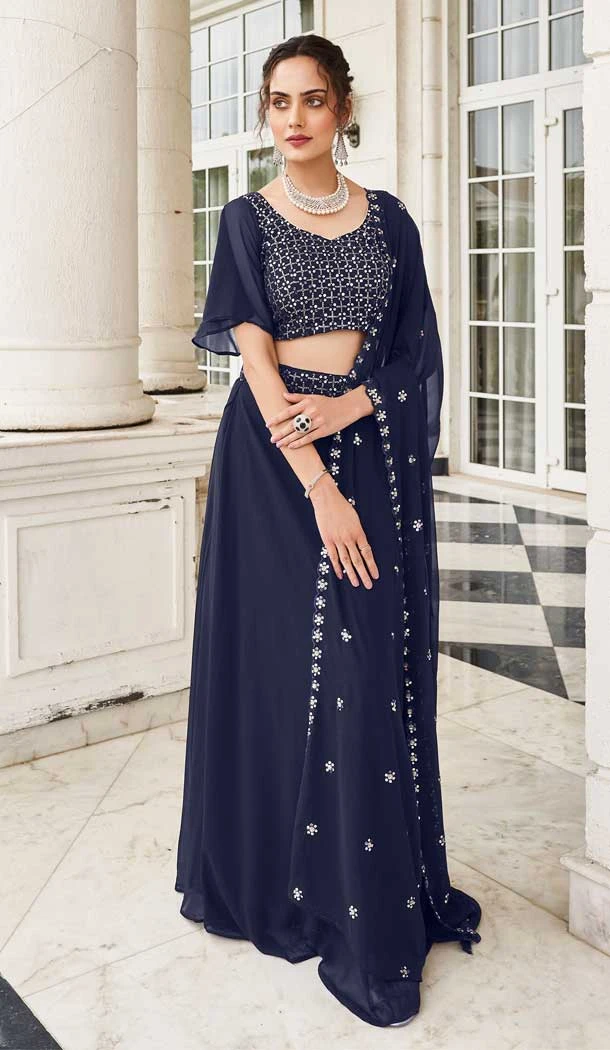Designer Fox Georgette With Embroidery Work Party Wear Lehenga Choli In Navy Blue - 7709177796