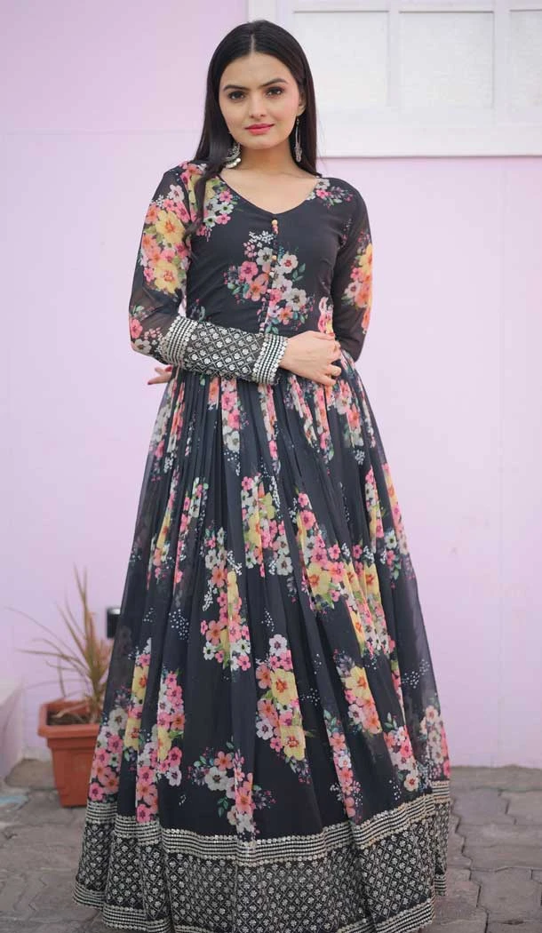 Party Wear Faux Georgette Digital Printed Work Designer Readymade Gown In Black - 6651171241