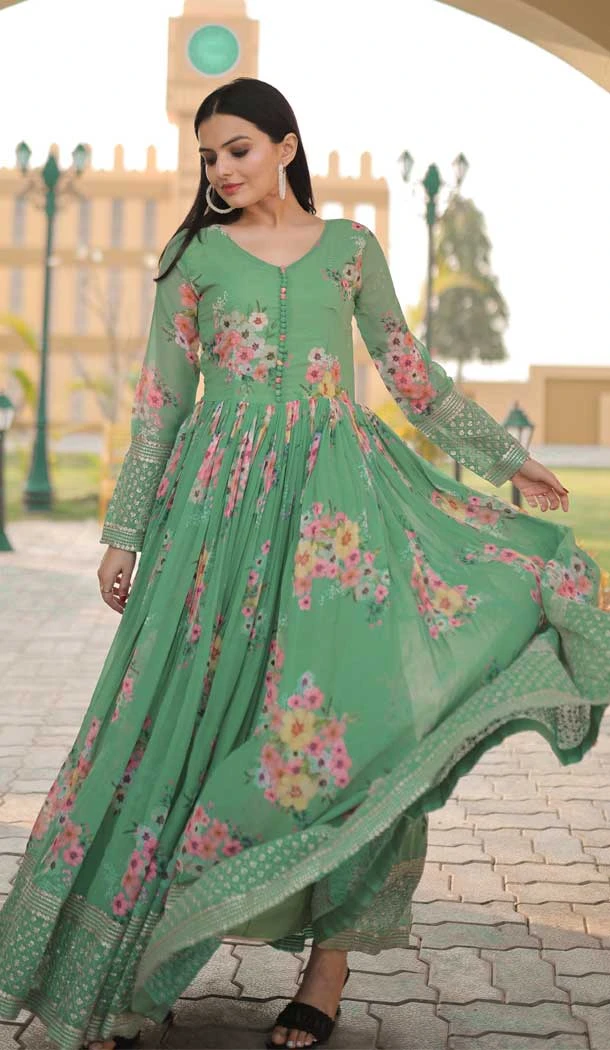 Party Wear Faux Georgette Digital Printed Work Designer Readymade Gown In Pista - 6651171242