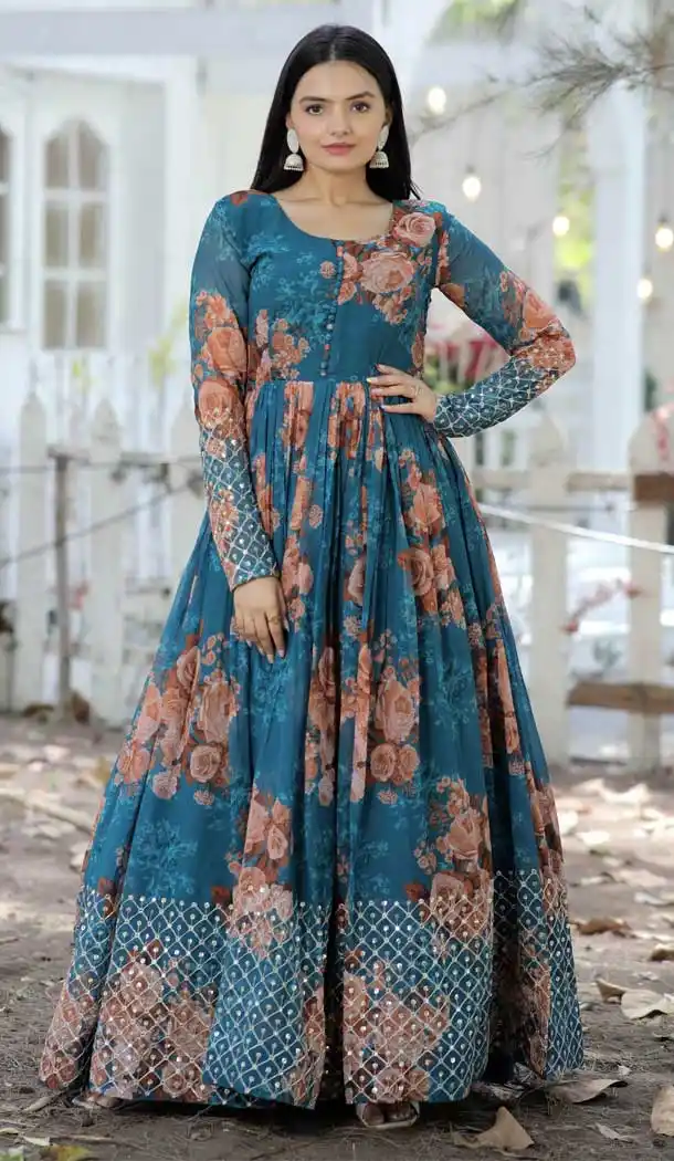 Georgette Digital Printed with Sequins Work Party Wear Readymade Gown In Rama - 7020173870