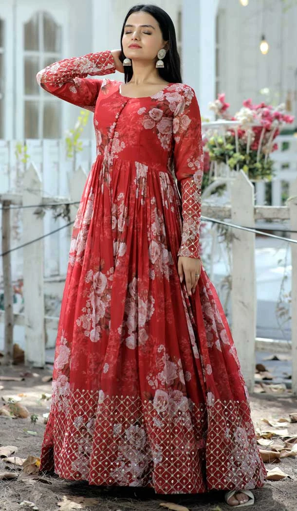 Georgette Digital Printed with Sequins Work Party Wear Readymade Gown In Red - 7020173871