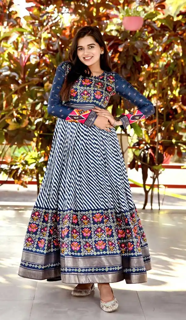 Blue Color Pashmina Silk Printed Work Festive Wear Readymade Gown - 7043173945
