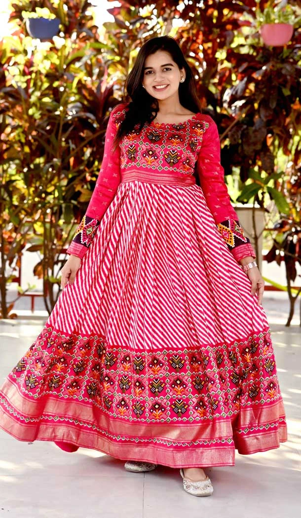 Pink Color Pashmina Silk Printed Work Festive Wear Readymade Gown - 7043173946
