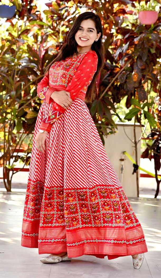 Red Color Pashmina Silk Printed Work Festive Wear Readymade Gown - 7043173947