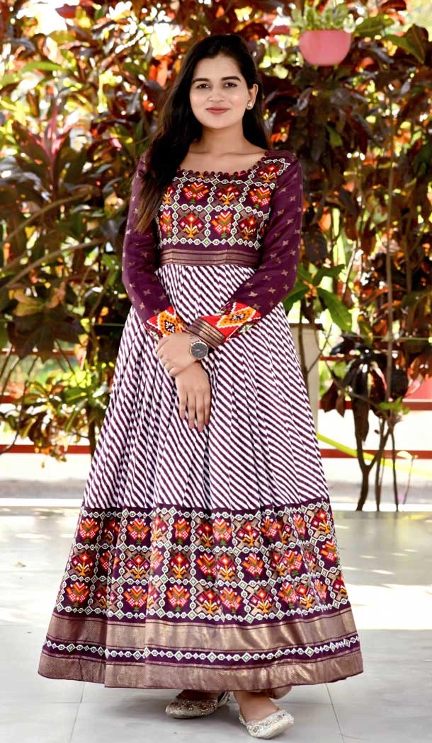Wine Color Pashmina Silk Printed Work Festive Wear Readymade Gown - 7043173948