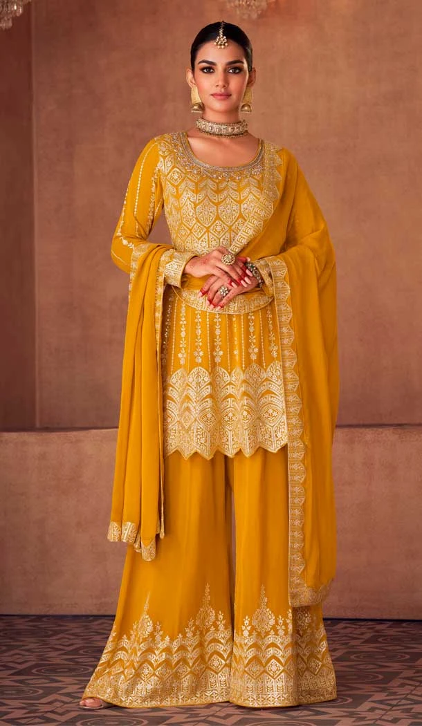 Faux Georgette Embroidery Work Festive Wear Pakistani Sharara Suit In Yellow - 7369175857