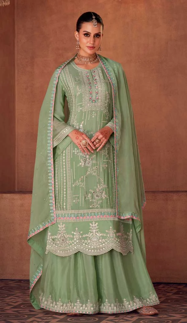 Faux Georgette Embroidery Work Festive Wear Pakistani Sharara Suit In Green - 7369175858