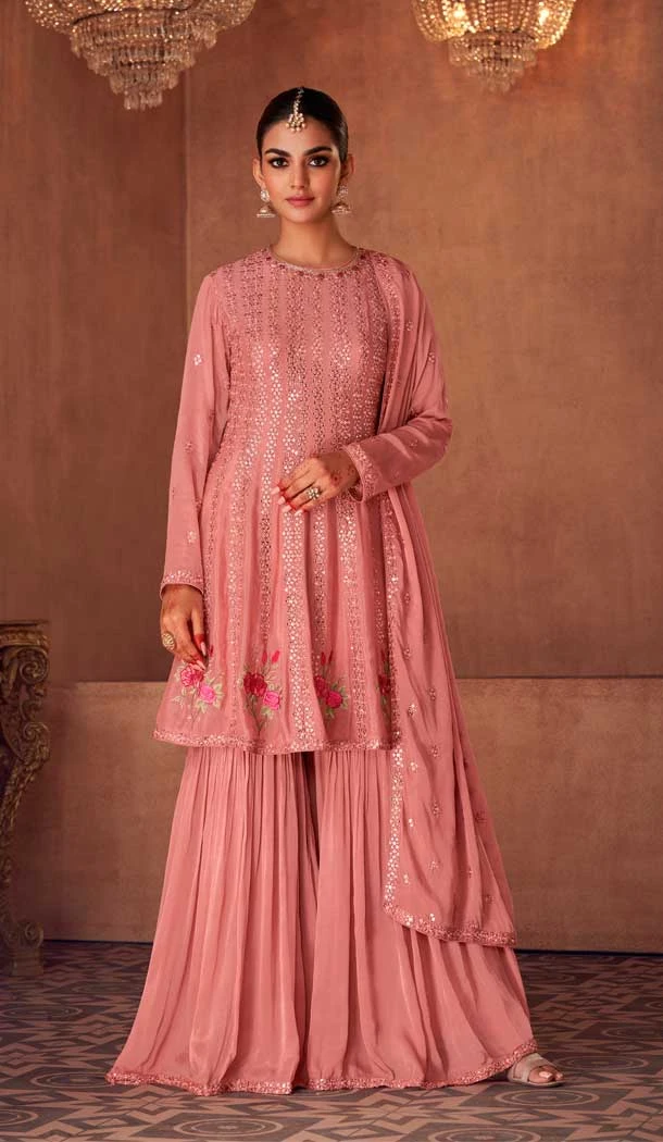 Faux Georgette Embroidery Work Festive Wear Pakistani Sharara Suit In Pink - 7369175859