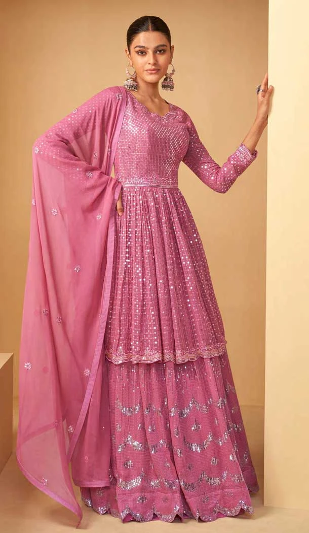 Designer Function Wear Faux Georgette Embroidery Work Palazzo Salwar Suit In Pink - 7380175924