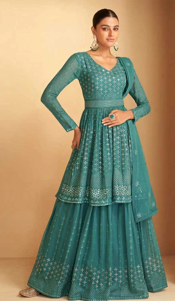 Designer Function Wear Faux Georgette Embroidery Work Palazzo Salwar Suit In Sky - 7380175925