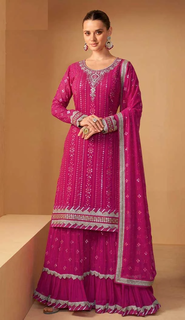 Designer Function Wear Faux Georgette Embroidery Work Palazzo Salwar Suit In Rani Pink - 7380175927