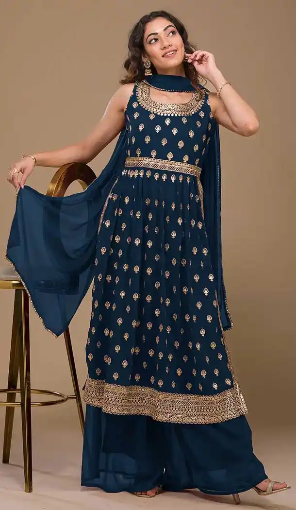 Navy Blue Color Faux Georgette Embroidery Work Festival Wear Palazzo Salwar Suit - 7381175929