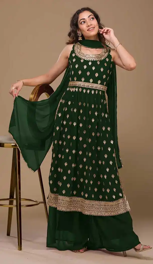 Green Color Faux Georgette Embroidery Work Festival Wear Palazzo Salwar Suit - 7381175930