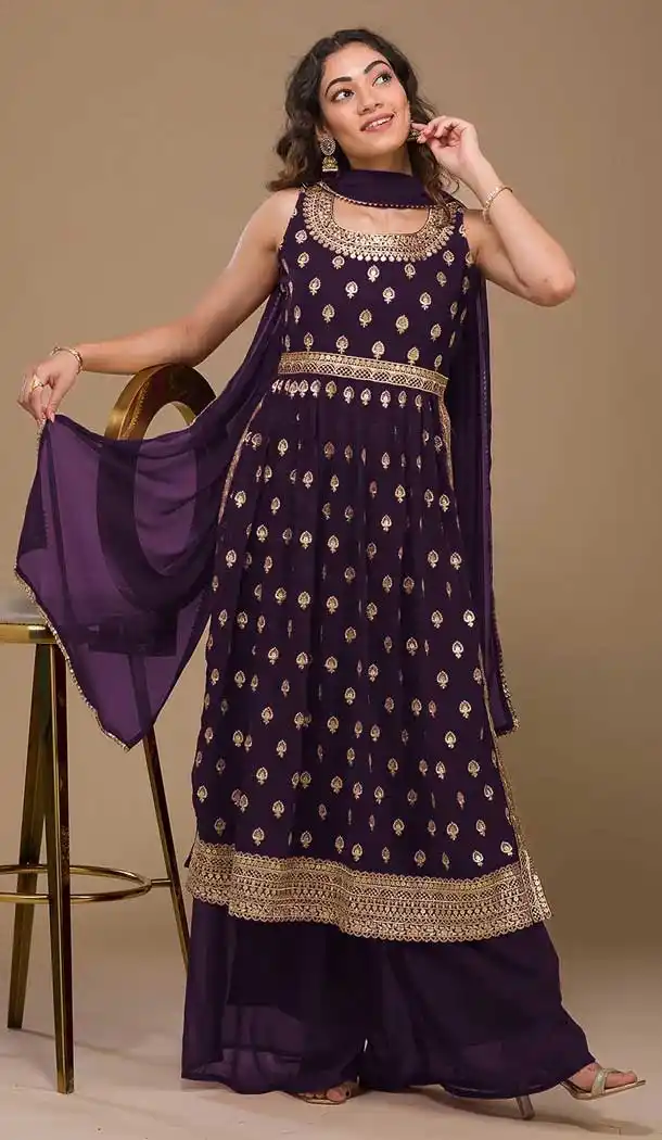 Purple Color Faux Georgette Embroidery Work Festival Wear Palazzo Salwar Suit - 7381175931