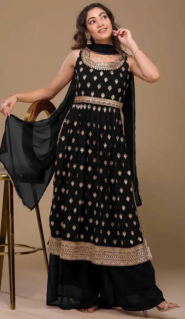 Black Color Faux Georgette Embroidery Work Festival Wear Palazzo Salwar Suit - 7381175932