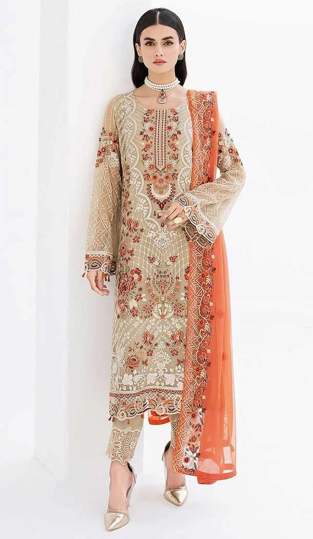 Pakistani Style Faux Georgette Embroidery Work Salwar Kameez In Beige - 7382175933