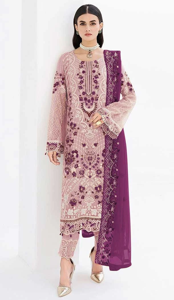 Pakistani Style Faux Georgette Embroidery Work Salwar Kameez In Light Pink - 7382175934