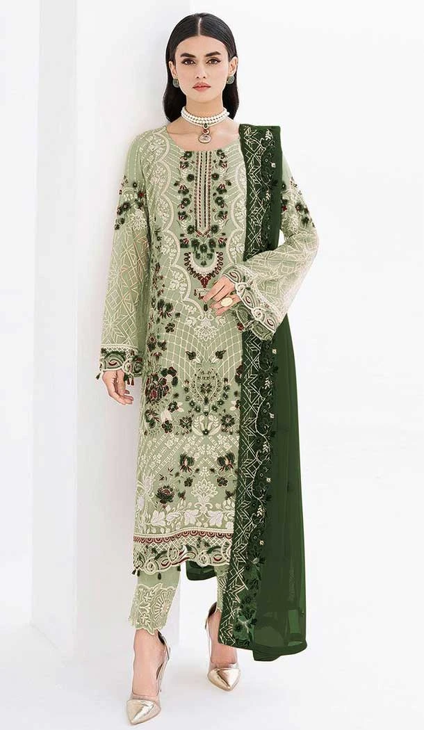 Pakistani Style Faux Georgette Embroidery Work Salwar Kameez In Pista - 7382175935