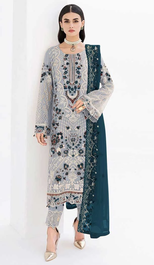 Pakistani Style Faux Georgette Embroidery Work Salwar Kameez In Grey - 7382175936