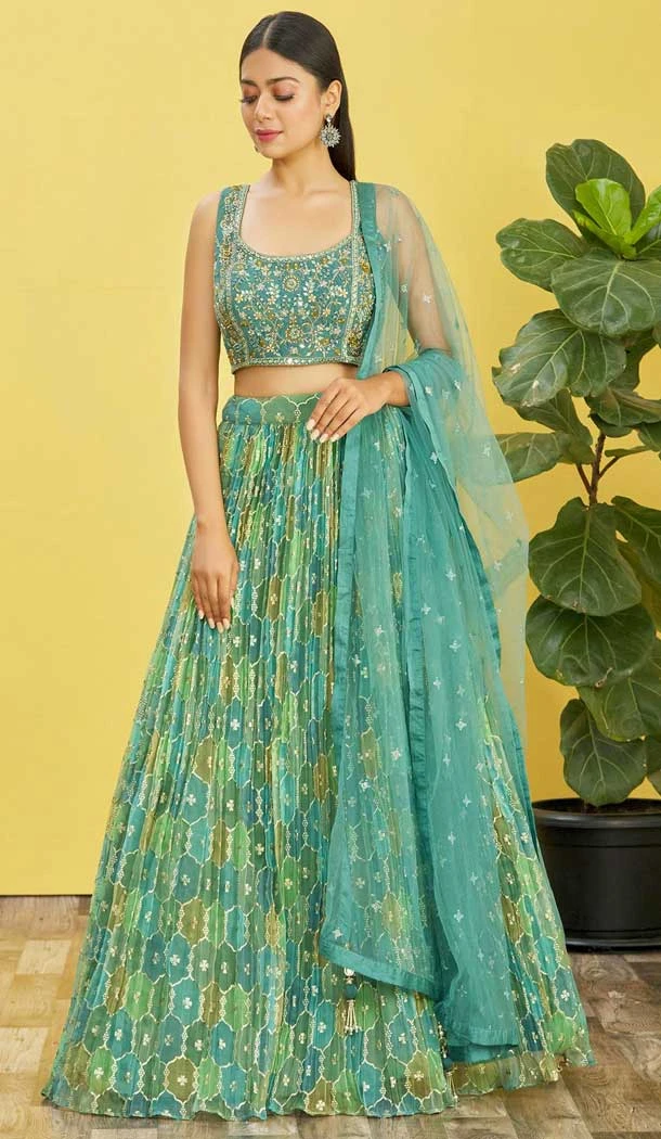 Sea Green Color Organza Thread Embroidery Work Designer Function Wear Lehenga Choli - 7383175937