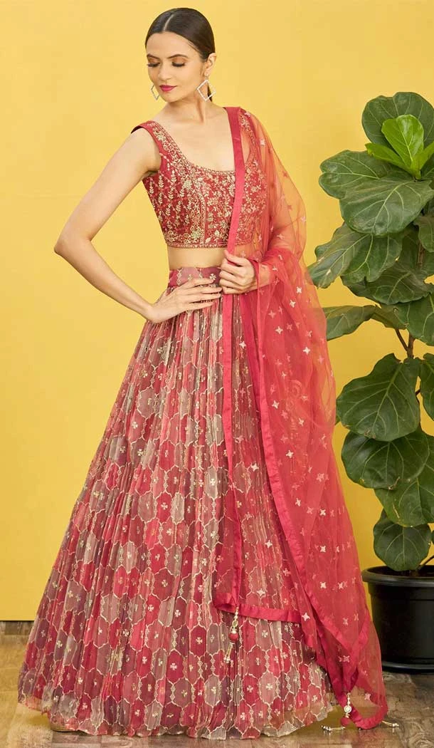 Rust Color Organza Thread Embroidery Work Designer Function Wear Lehenga Choli - 7383175938