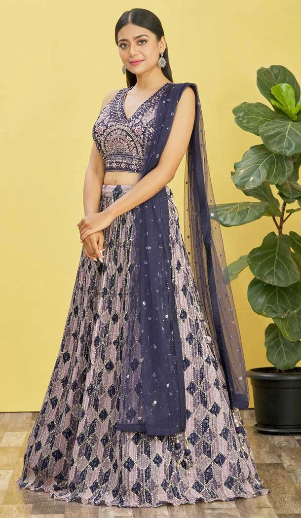 Navy Blue Color Chinon Thread Embroidery Work Designer Function Wear Lehenga Choli - 7383175939