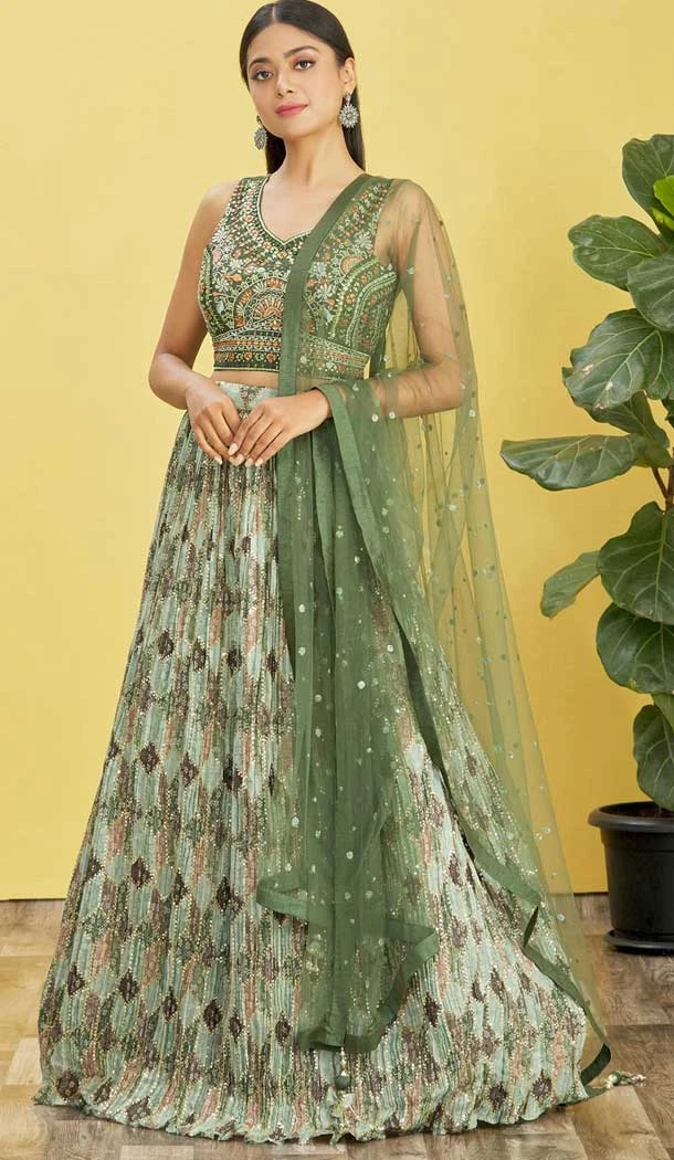 Sea Green Color Chinon Thread Embroidery Work Designer Function Wear Lehenga Choli - 7383175940