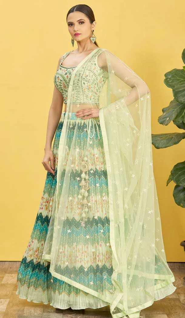 Chinon Multi Color Thread Embroidery Work Designer Function Wear Lehenga Choli - 7383175942