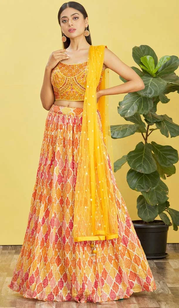 Orange Color Chinon Thread Embroidery Work Designer Function Wear Lehenga Choli - 7383175944