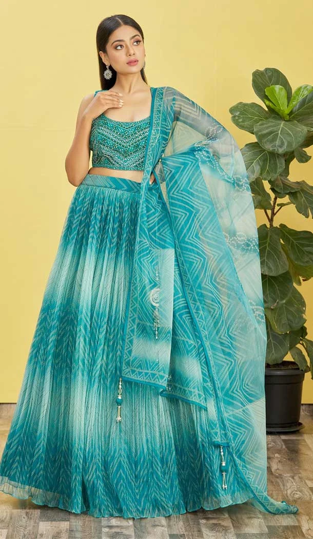 Blue Color Organza Thread Embroidery Work Designer Function Wear Lehenga Choli - 7383175945