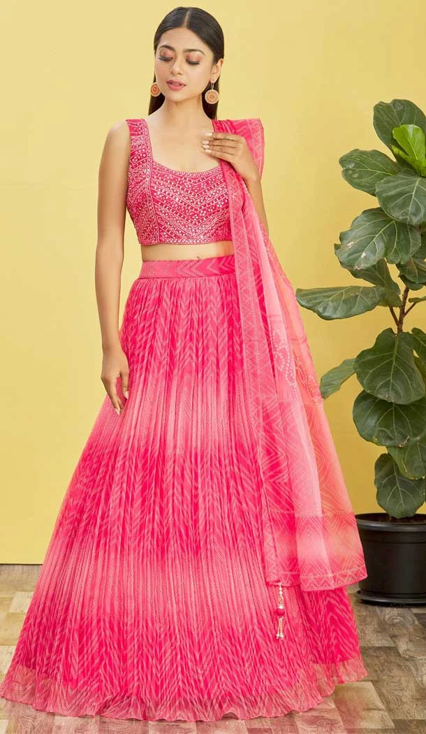 Pink Color Organza Thread Embroidery Work Designer Function Wear Lehenga Choli - 7383175946