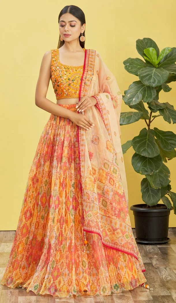 Orange Color Organza Thread Embroidery Work Designer Function Wear Lehenga Choli - 7383175947