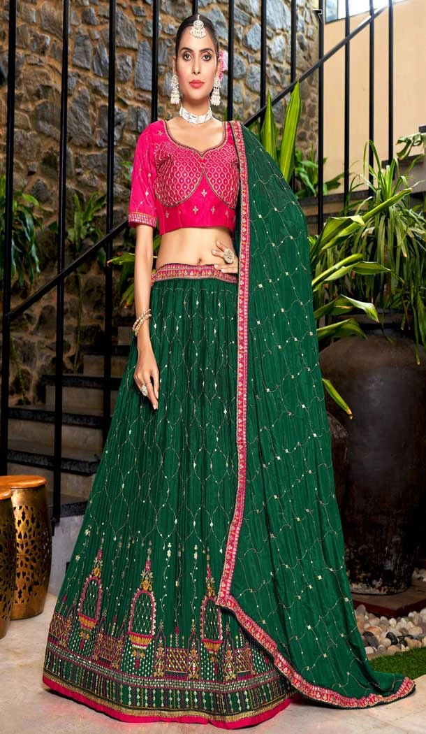 Green Color Designer Chinon Crushed Embroidery Work Plus Size Wear Lehenga Choli - 7226174974