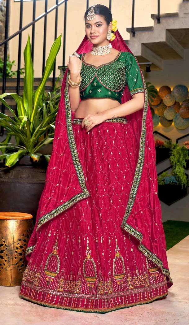 Pink Color Designer Chinon Crushed Embroidery Work Plus Size Wear Lehenga Choli - 7226174975