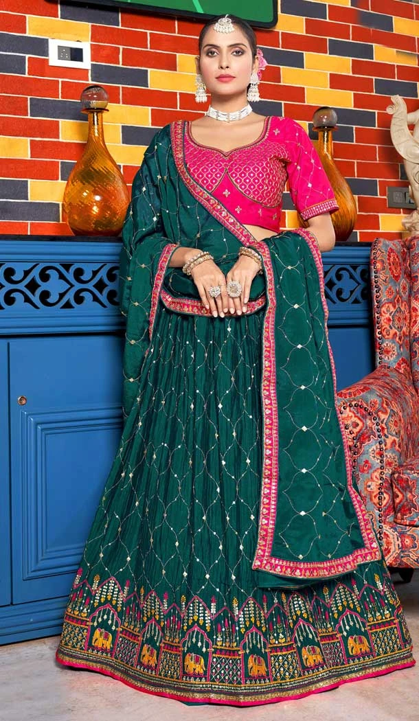 Teal Color Designer Chinon Crushed Embroidery Work Plus Size Wear Lehenga Choli - 7226174976