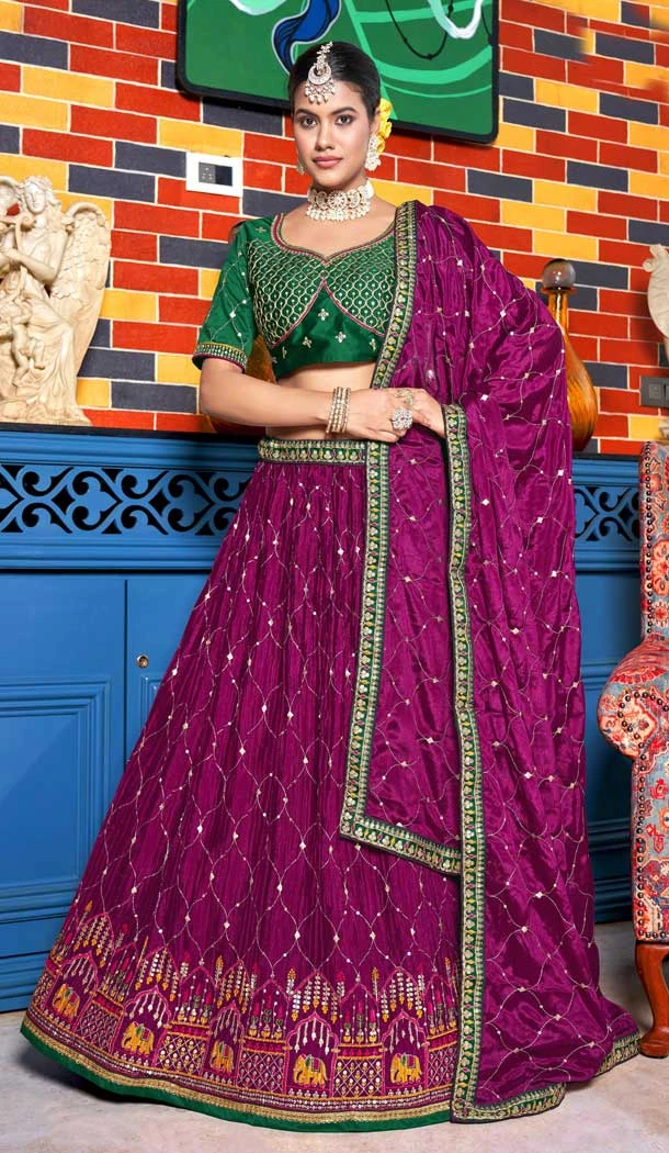Purple Color Designer Chinon Crushed Embroidery Work Plus Size Wear Lehenga Choli - 7226174977