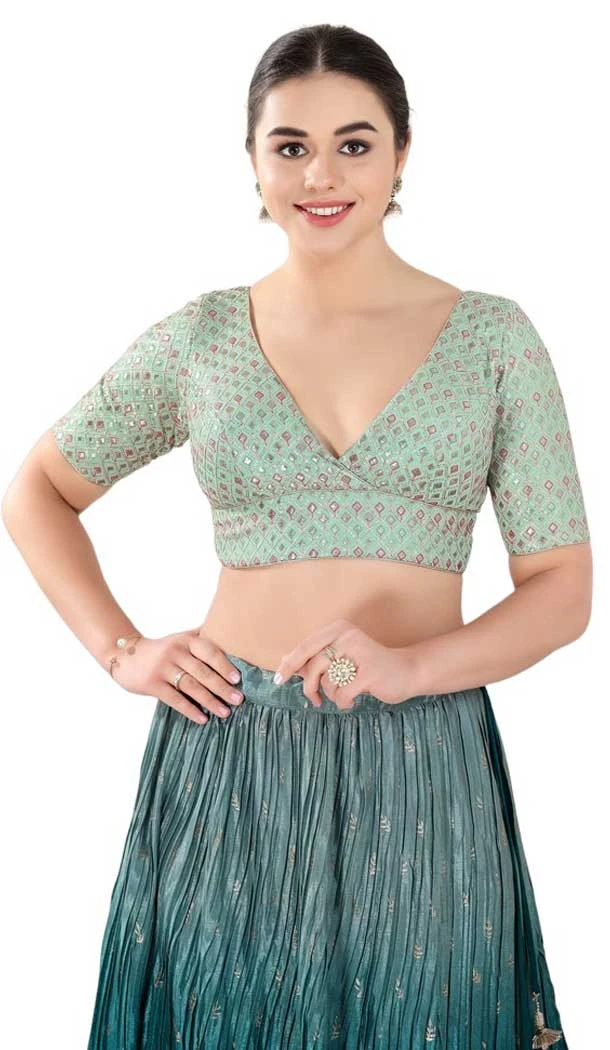 Georgette With Mirror And Sequins Work Readymade Plus Size Blouse In Sea Green - 7679177622