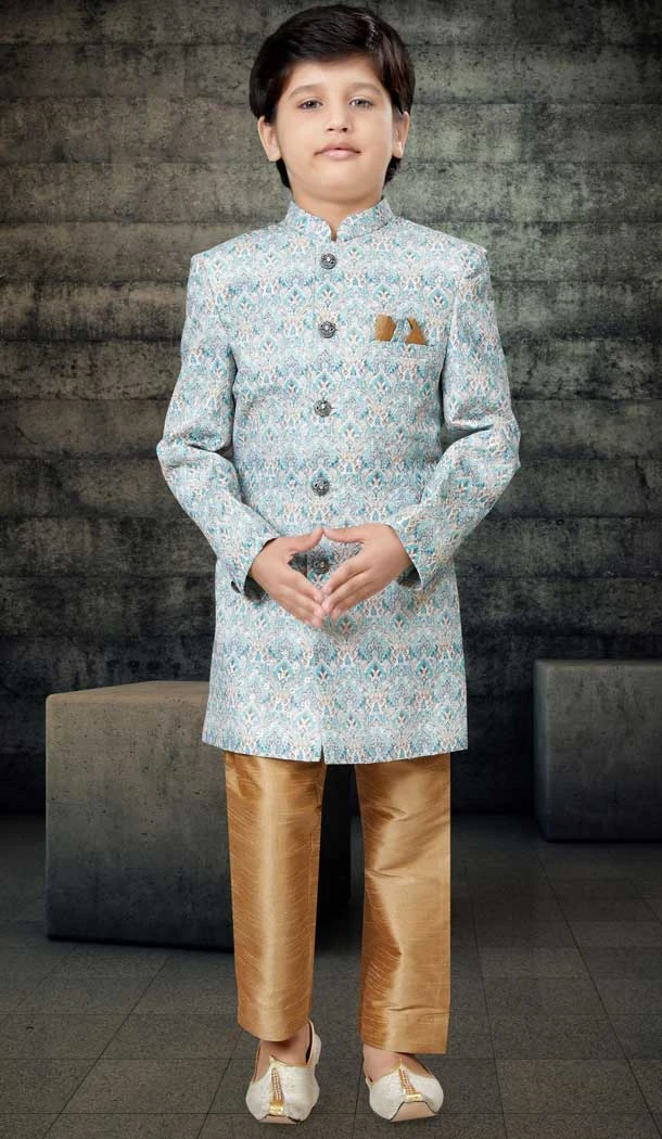 Blue Color Jacquard Digital Print Work Function Wear Readymade Kid's Kurta Pajama - 7700177752