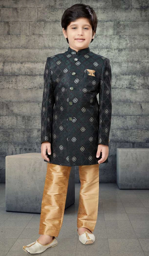 Black With Green Color Jacquard Woven Work Function Wear Readymade Kid's Kurta Pajama - 7700177754