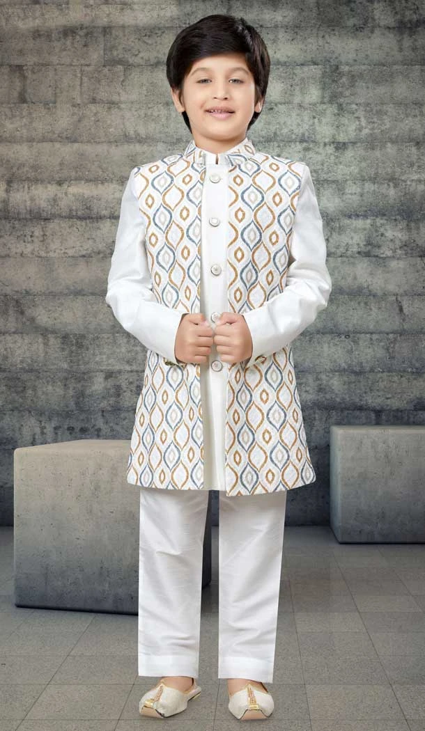 Off White Color Art Silk Digital Print Work Function Wear Readymade Kid's Kurta Pajama - 7700177758