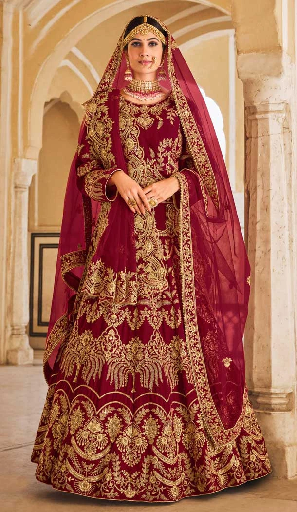 Designer Velvet Dori Zarkan Work Wedding Wear Lehenga Choli In Gorgeous Maroon - 7710177797