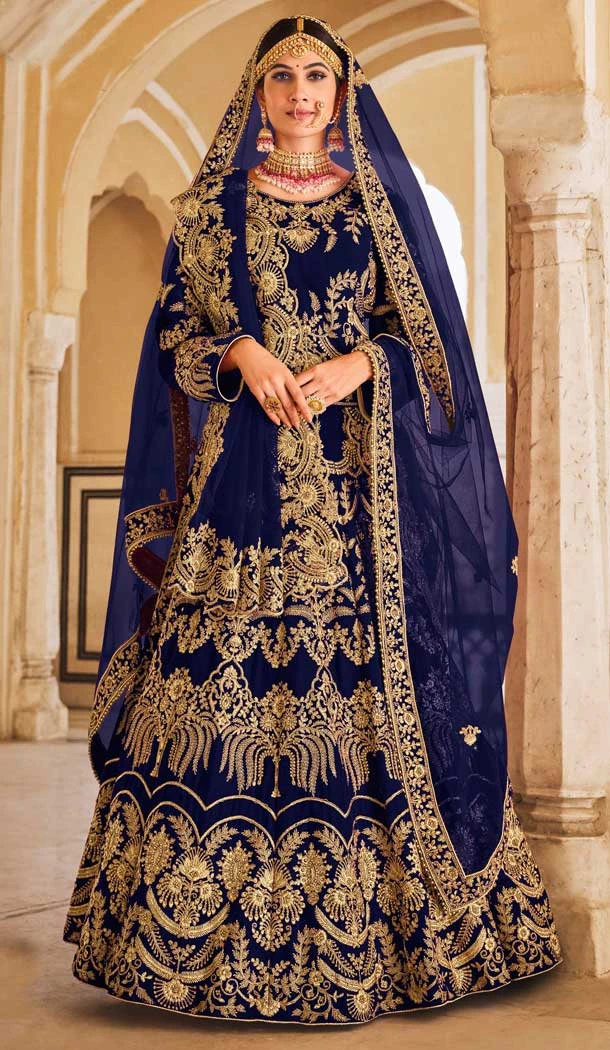 Designer Velvet Dori Zarkan Work Wedding Wear Lehenga Choli In Marvelous Royal Blue - 7710177798