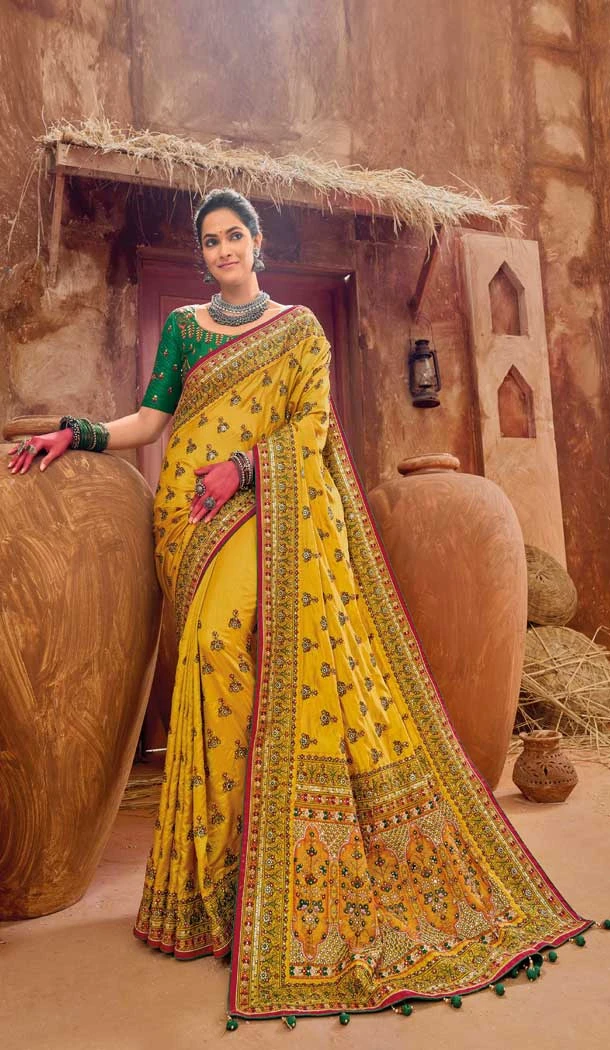 Traditional Banarasi Silk With Diamond And Mirror Work Wedding Wear Saree In Yellow - 7711177800
