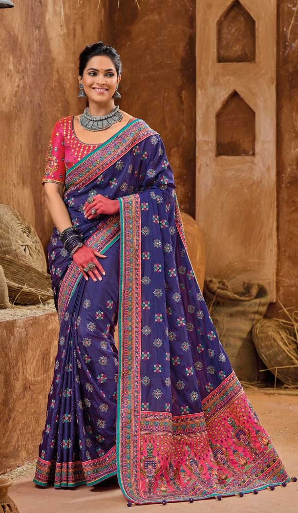 Traditional Banarasi Silk With Diamond And Mirror Work Wedding Wear Saree In Purple - 7711177801