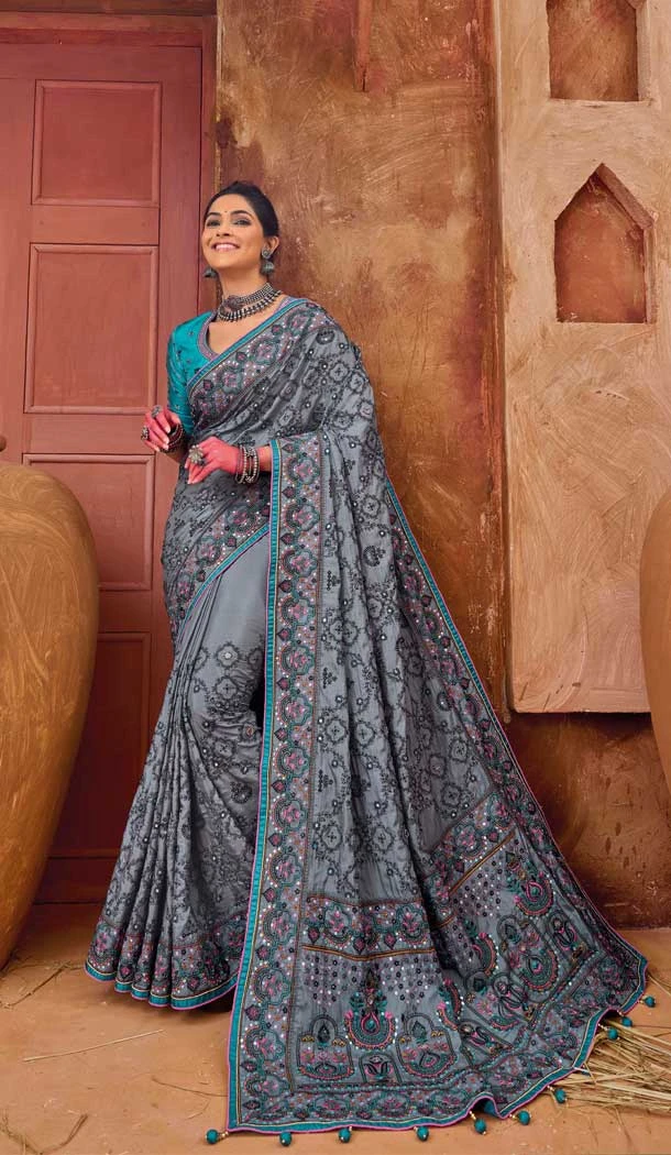 Traditional Banarasi Silk With Diamond And Mirror Work Wedding Wear Saree In Grey - 7711177803